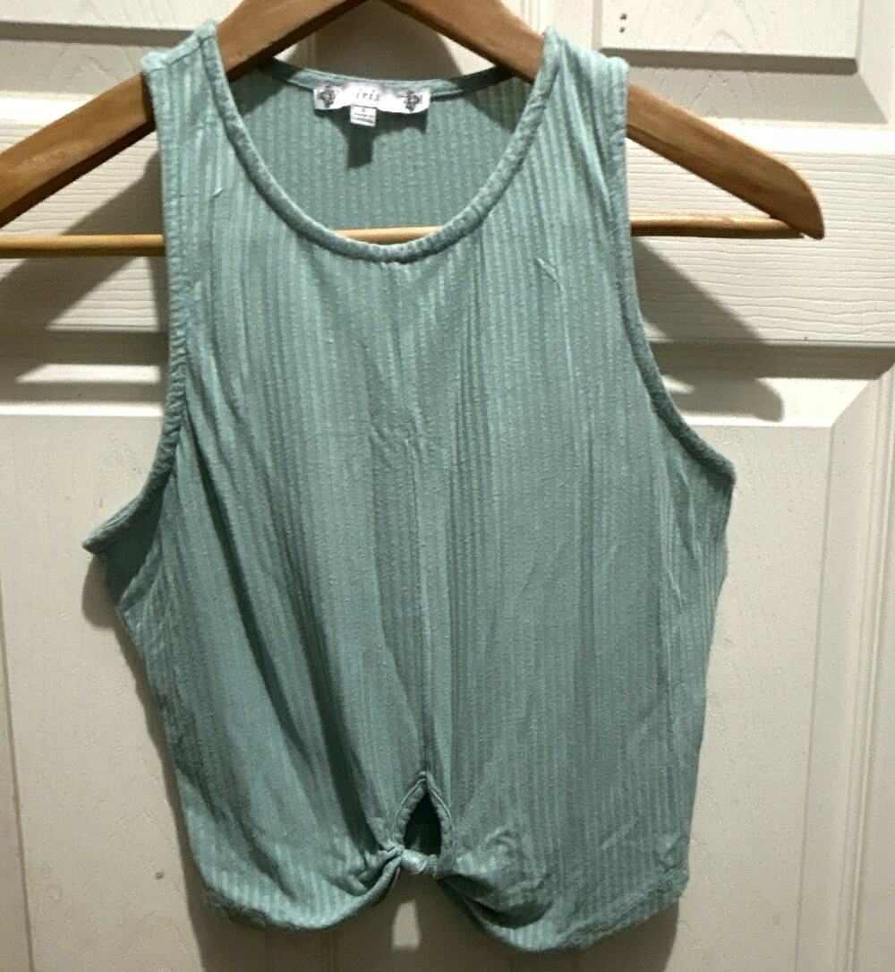 iris Women's S Green Ribbed Knit Knot Front Sleeveless Cropped Tank Top